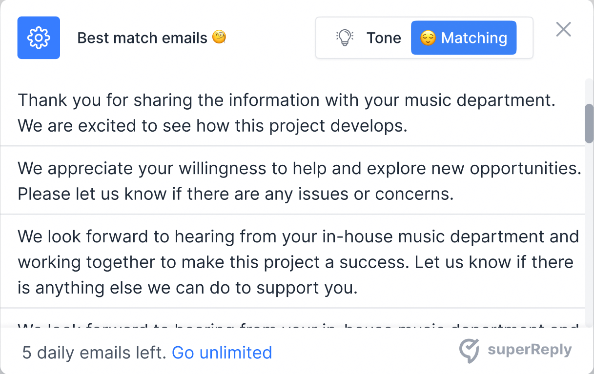 superReply AI email assistant suggesting replies inside a Gmail inbox